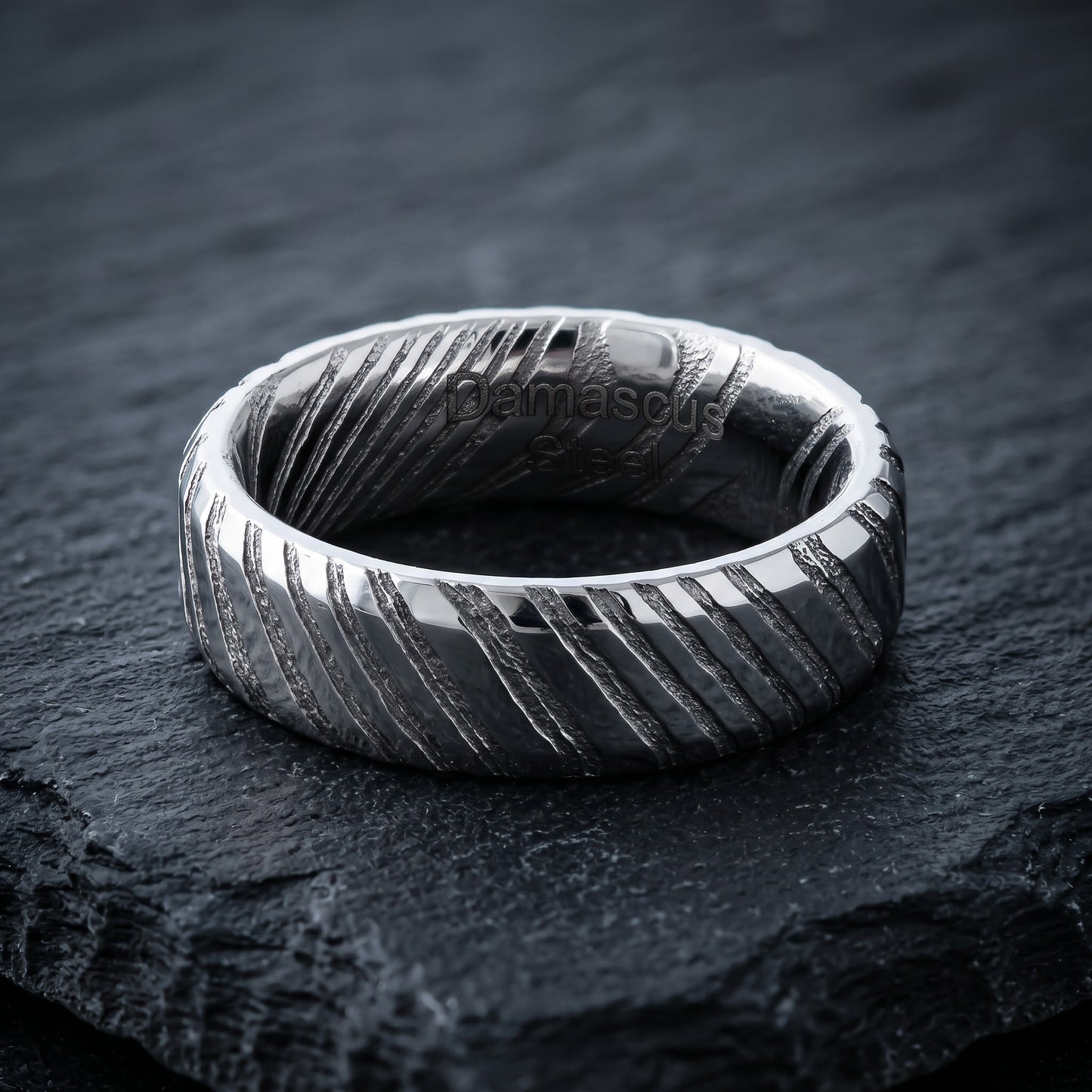 Stainless Steel Men's 6mm Stainless Damascus Steel Unique Pattern Wedding Band Ring, Comfort Fit, Gift for Him view 1