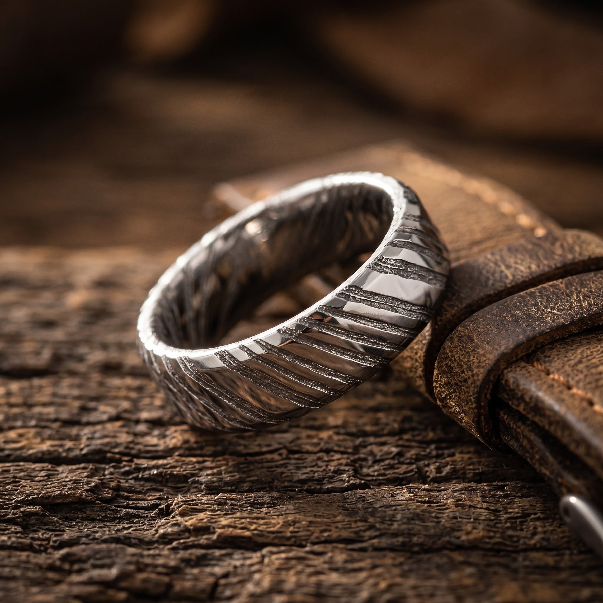 Stainless Steel Men's 6mm Stainless Damascus Steel Unique Pattern Wedding Band Ring, Comfort Fit, Gift for Him view 2