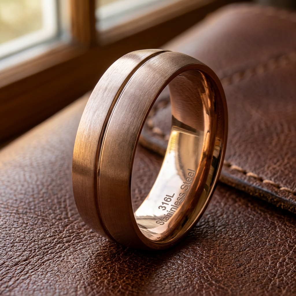 Stainless Steel 7mm Rose Gold Plated Brushed Groove Comfort Fit Band Ring for Men life2