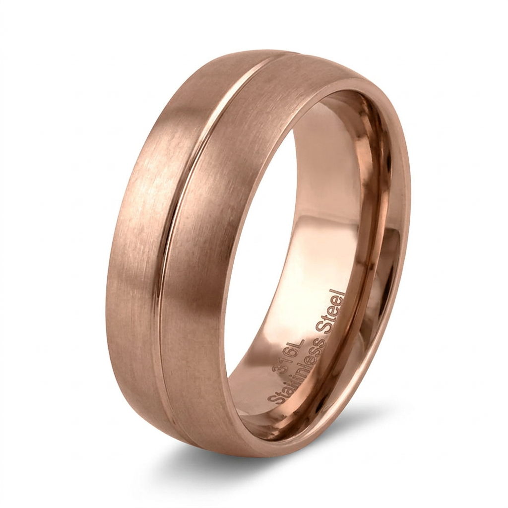 Stainless Steel 7mm Rose Gold Plated Brushed Groove Comfort Fit Band Ring for Men