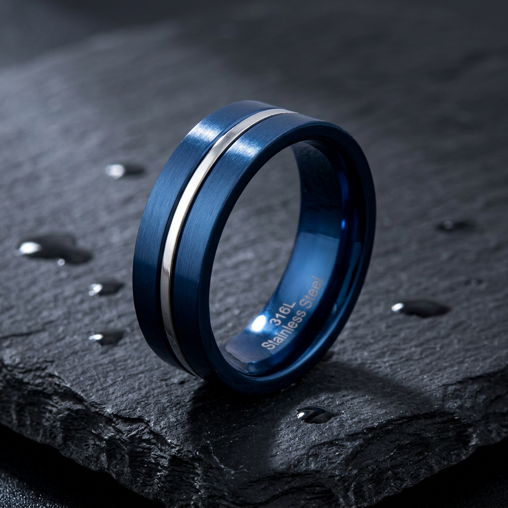 Stainless Steel 6.5mm Blue Brushed Steel Stripe Comfort Fit Band Ring for Men life1