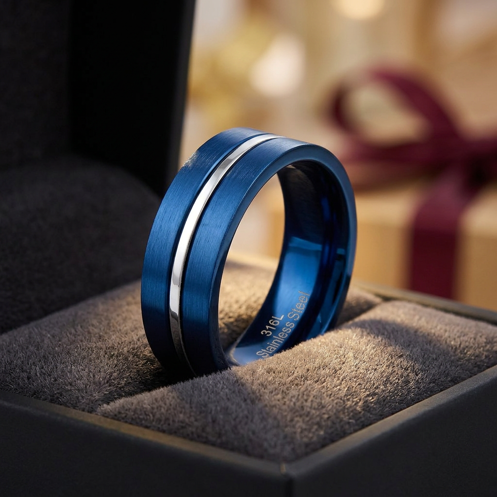 Stainless Steel 6.5mm Blue Brushed Steel Stripe Comfort Fit Band Ring for Men life3