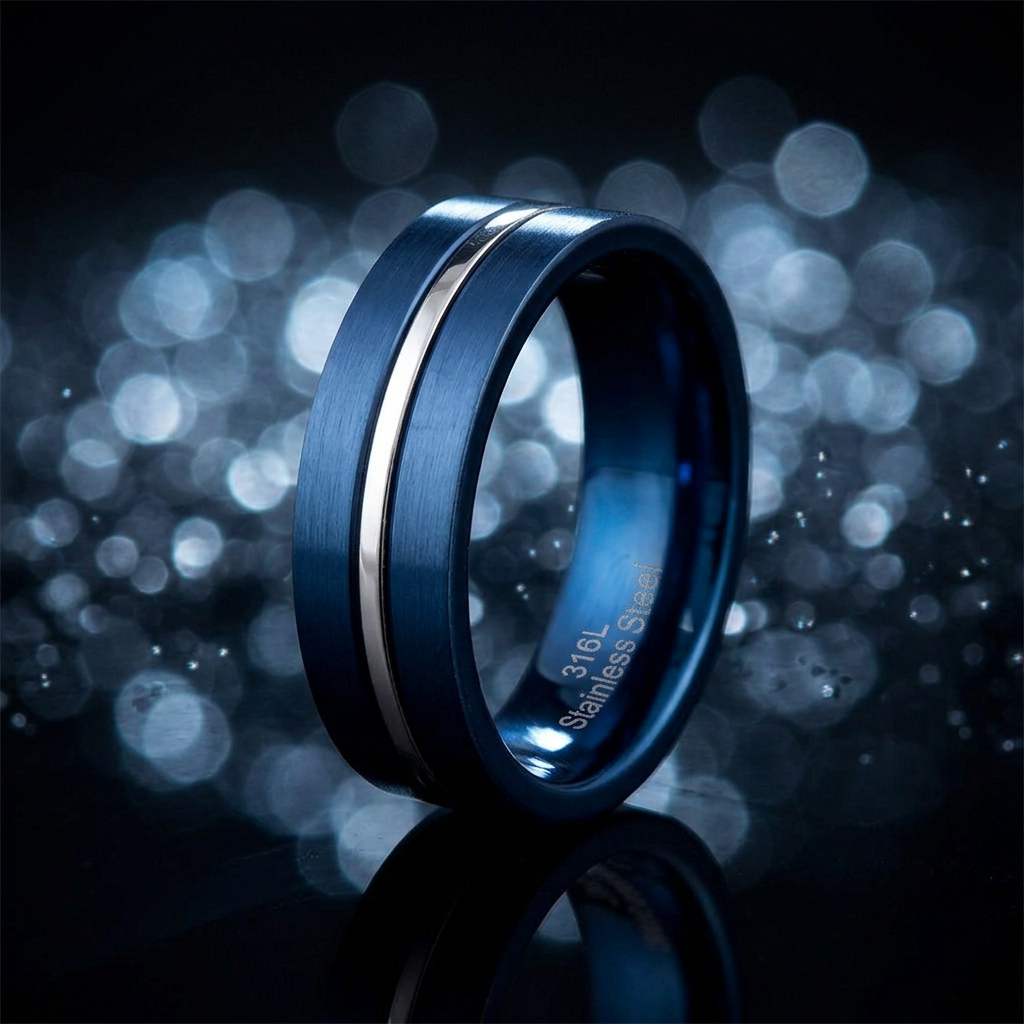 Stainless Steel 6.5mm Blue Brushed Steel Stripe Comfort Fit Band Ring for Men life4
