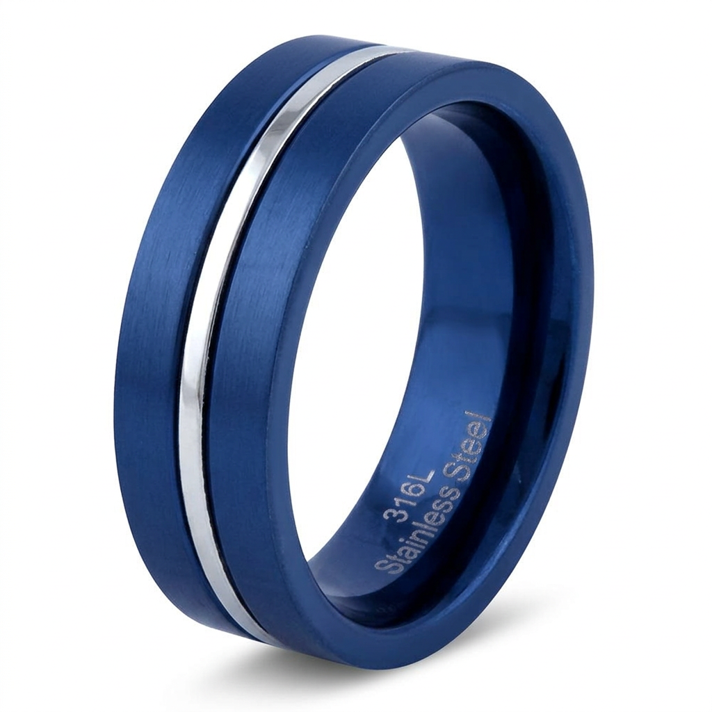 Stainless Steel 6.5mm Blue Brushed Steel Stripe Comfort Fit Band Ring for Men