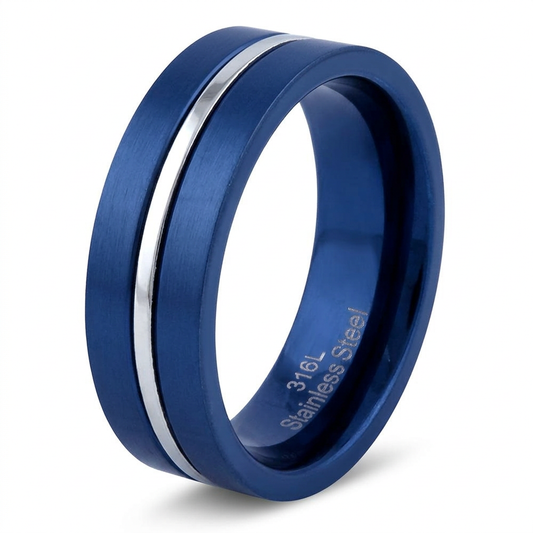 Stainless Steel 6.5mm Blue Brushed Steel Stripe Comfort Fit Band Ring for Men