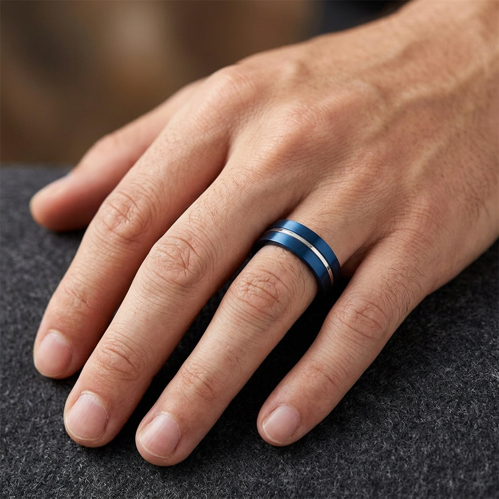 Stainless Steel 6.5mm Blue Brushed Steel Stripe Comfort Fit Band Ring for Men model