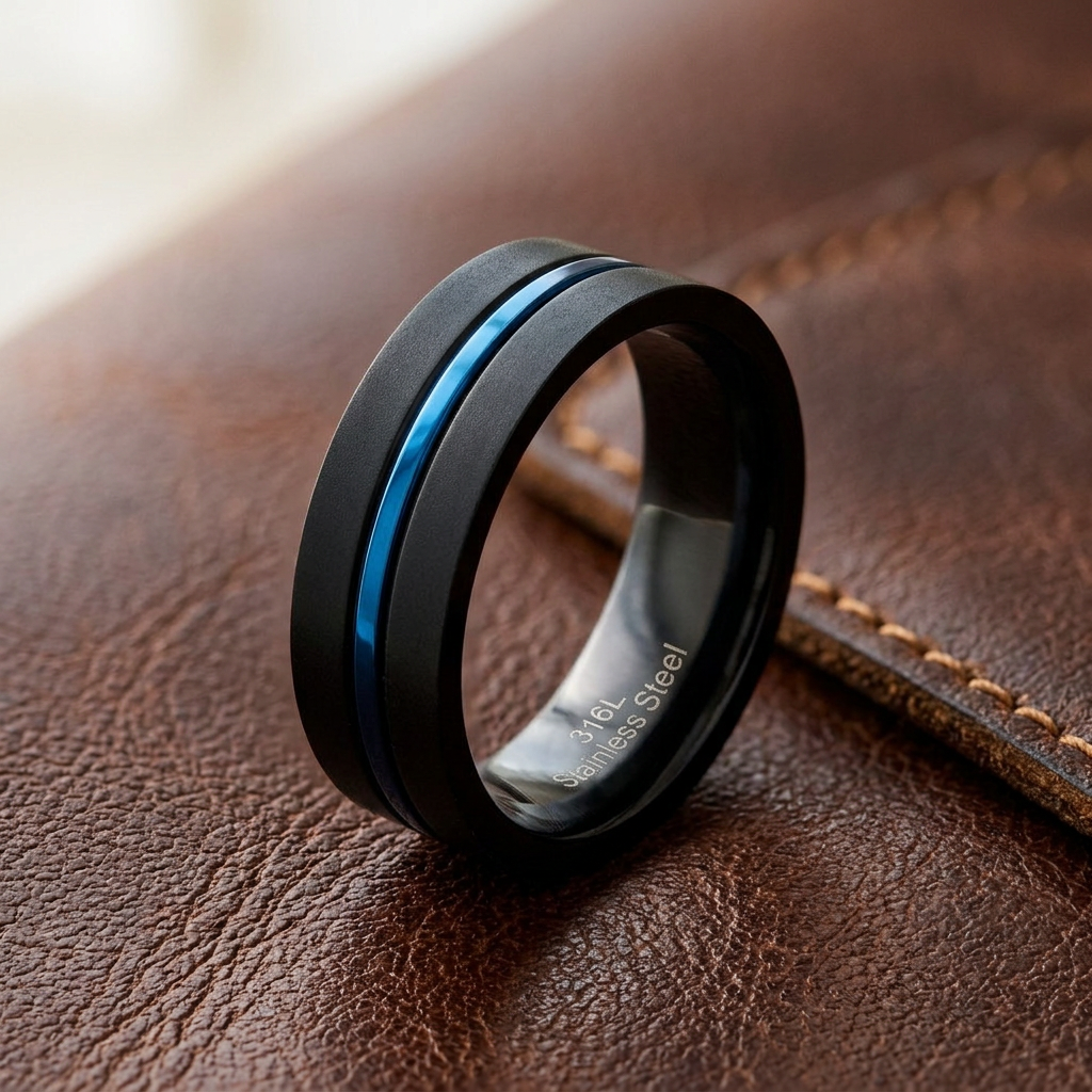 Stainless Steel 6.5mm Black Matte Blue Groove Comfort Fit Band Ring for Men life2