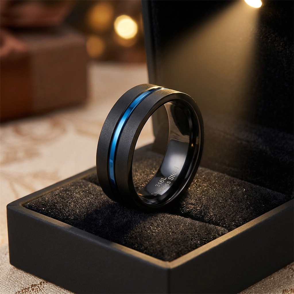 Stainless Steel 6.5mm Black Matte Blue Groove Comfort Fit Band Ring for Men life3