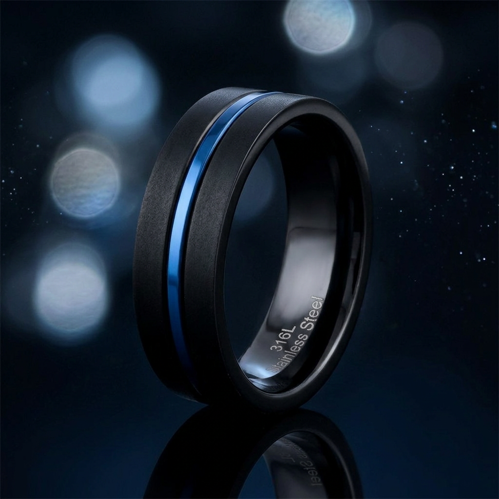 Stainless Steel 6.5mm Black Matte Blue Groove Comfort Fit Band Ring for Men life4