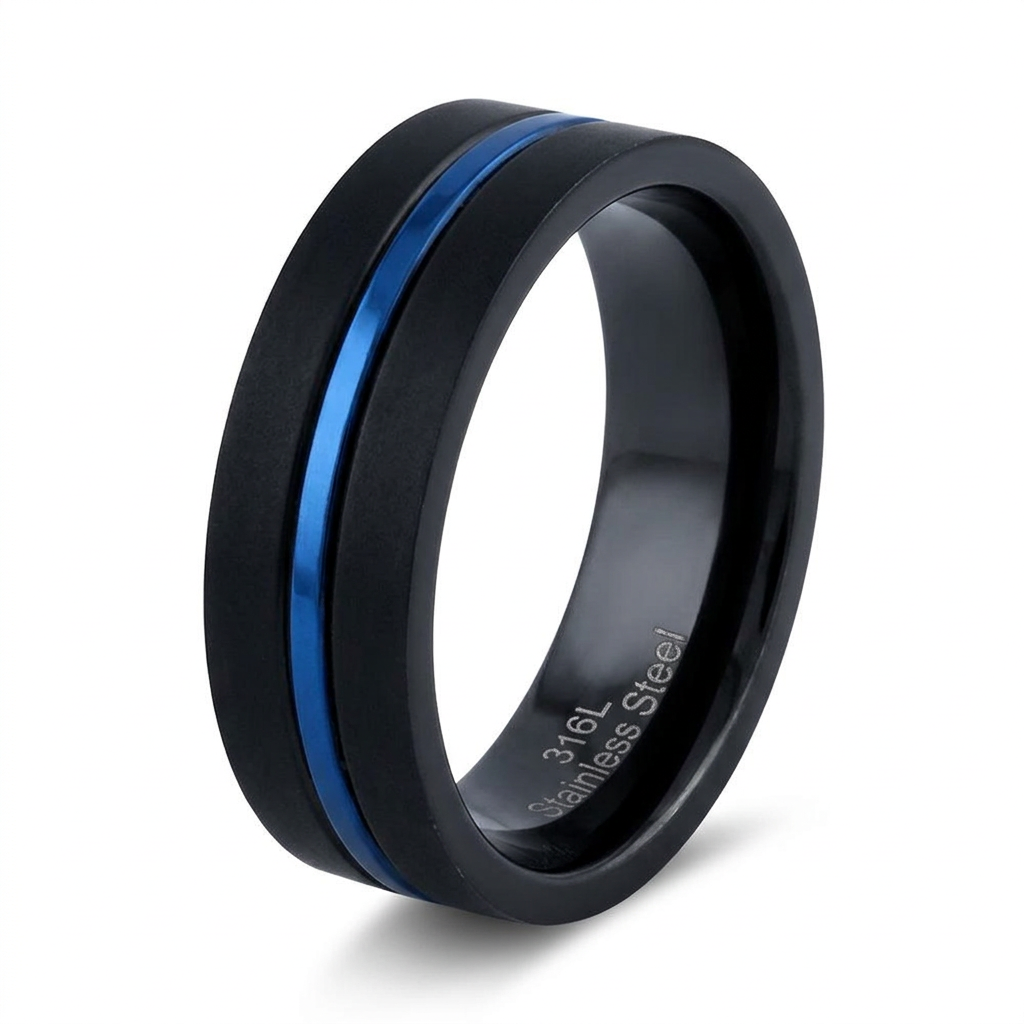 Stainless Steel 6.5mm Black Matte Blue Groove Comfort Fit Band Ring for Men