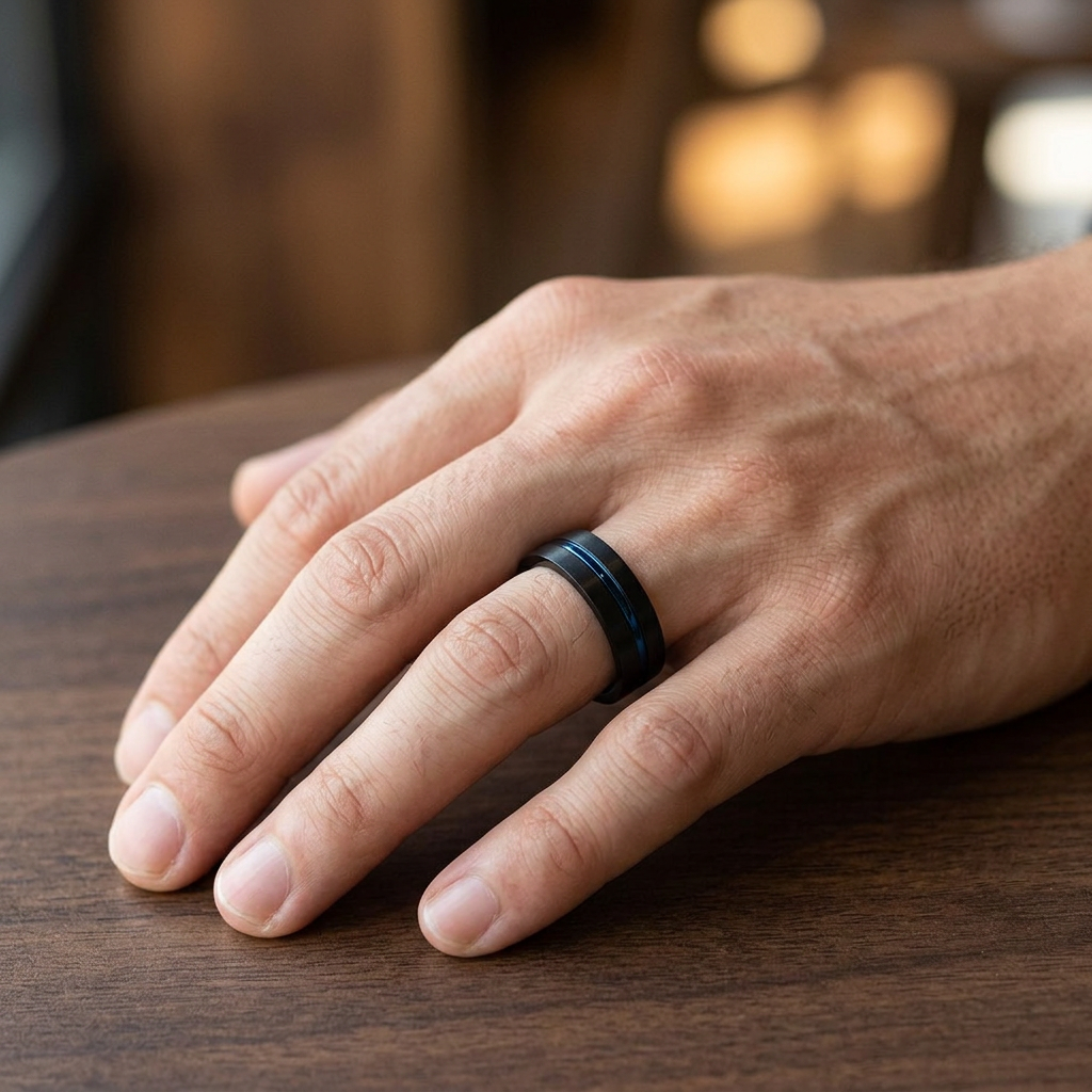 Stainless Steel 6.5mm Black Matte Blue Groove Comfort Fit Band Ring for Men model