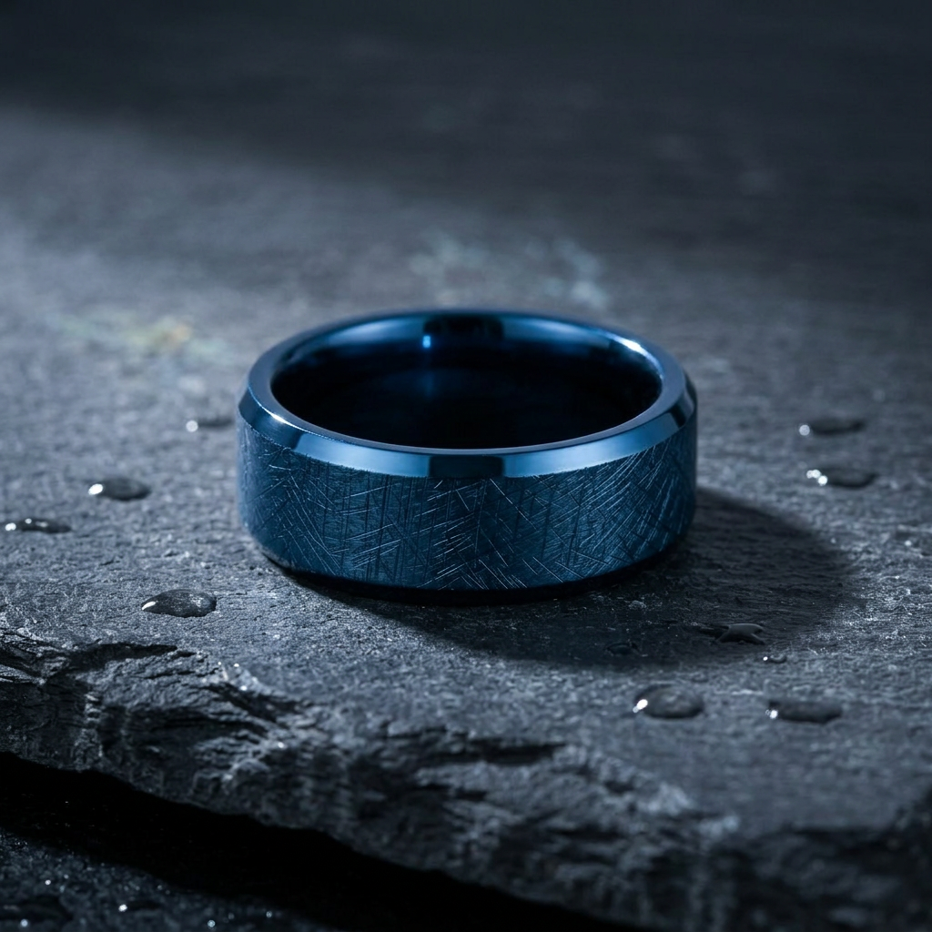 Stainless Steel 7mm Blue Brushed Beveled Edge Wedding Band Ring for Men life1
