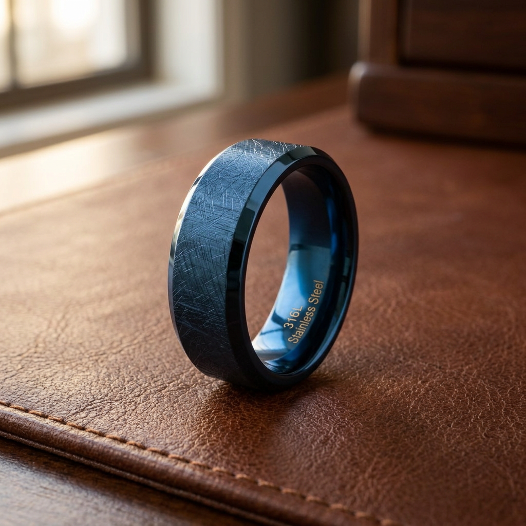 Stainless Steel 7mm Blue Brushed Beveled Edge Wedding Band Ring for Men life2