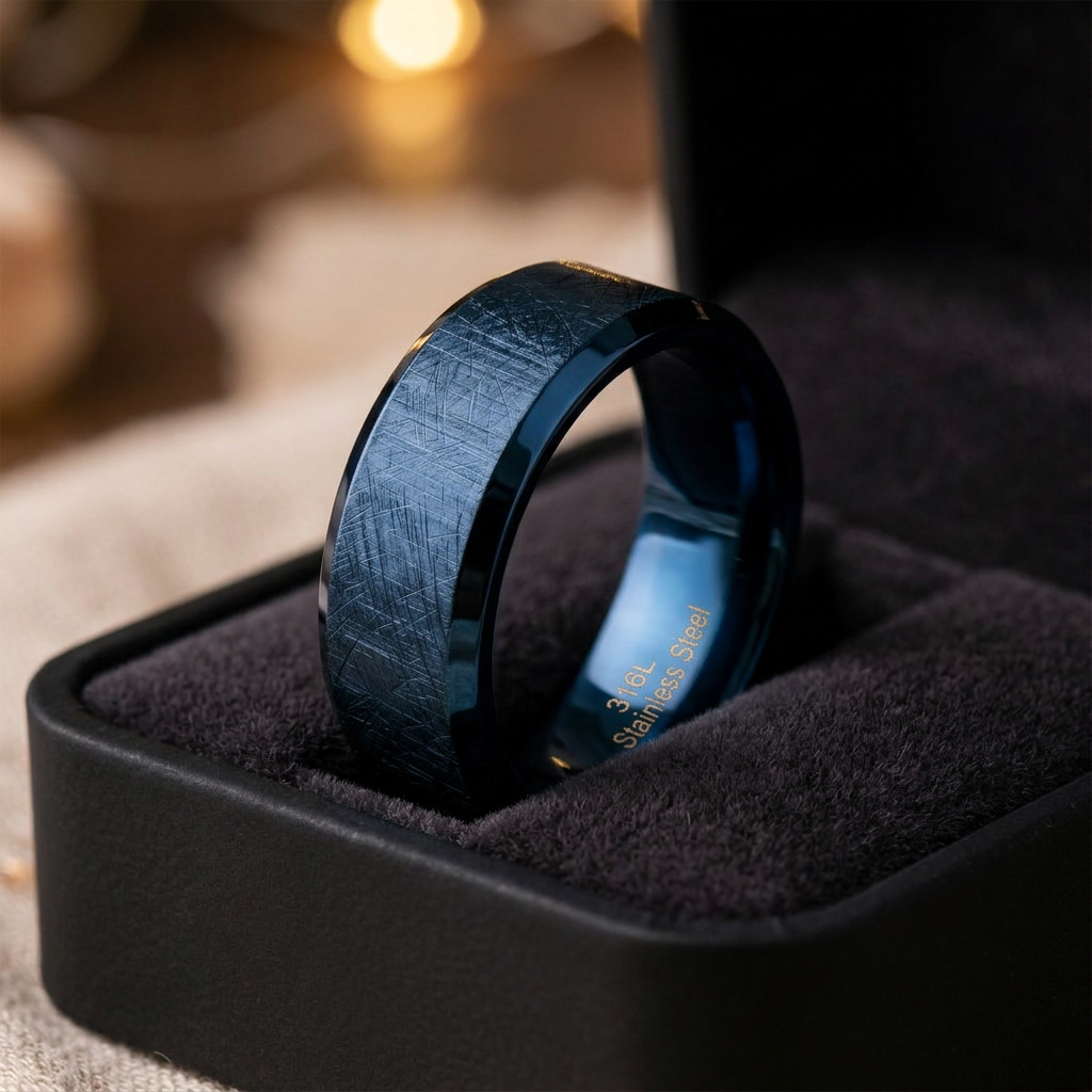 Stainless Steel 7mm Blue Brushed Beveled Edge Wedding Band Ring for Men life3