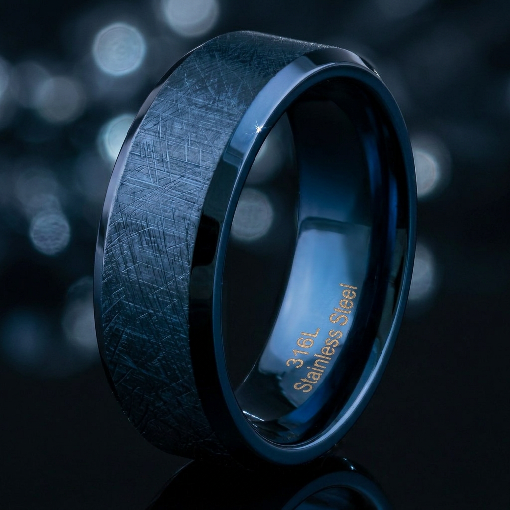 Stainless Steel 7mm Blue Brushed Beveled Edge Wedding Band Ring for Men life4