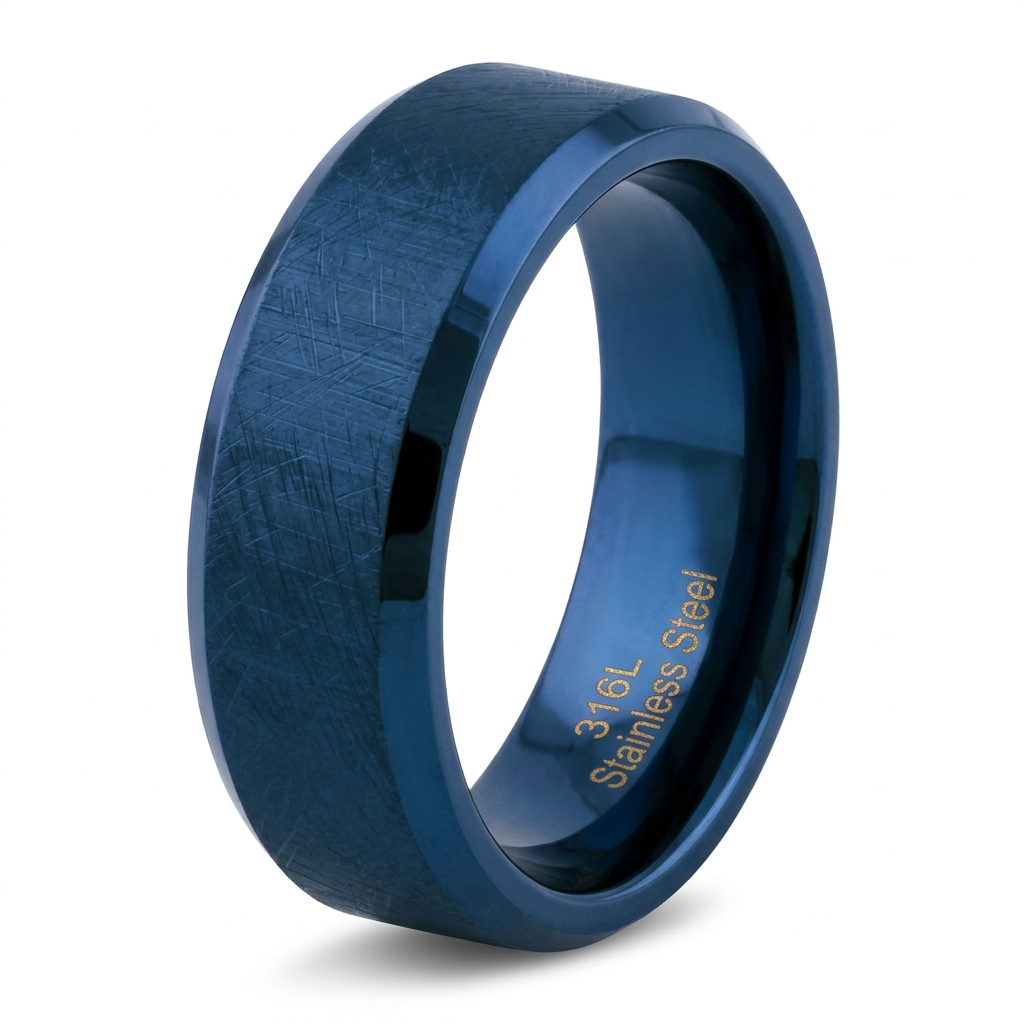 Stainless Steel 7mm Blue Brushed Beveled Edge Wedding Band Ring for Men
