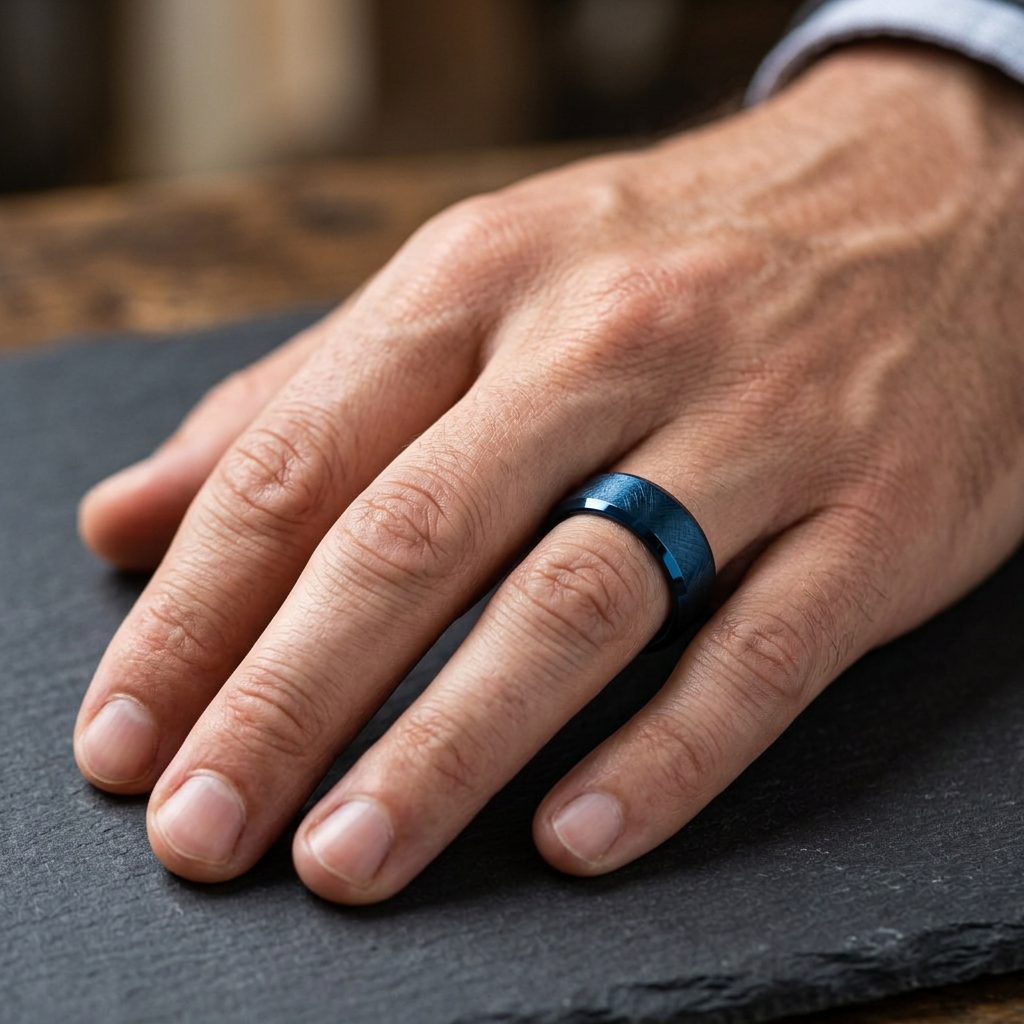 Stainless Steel 7mm Blue Brushed Beveled Edge Wedding Band Ring for Men model