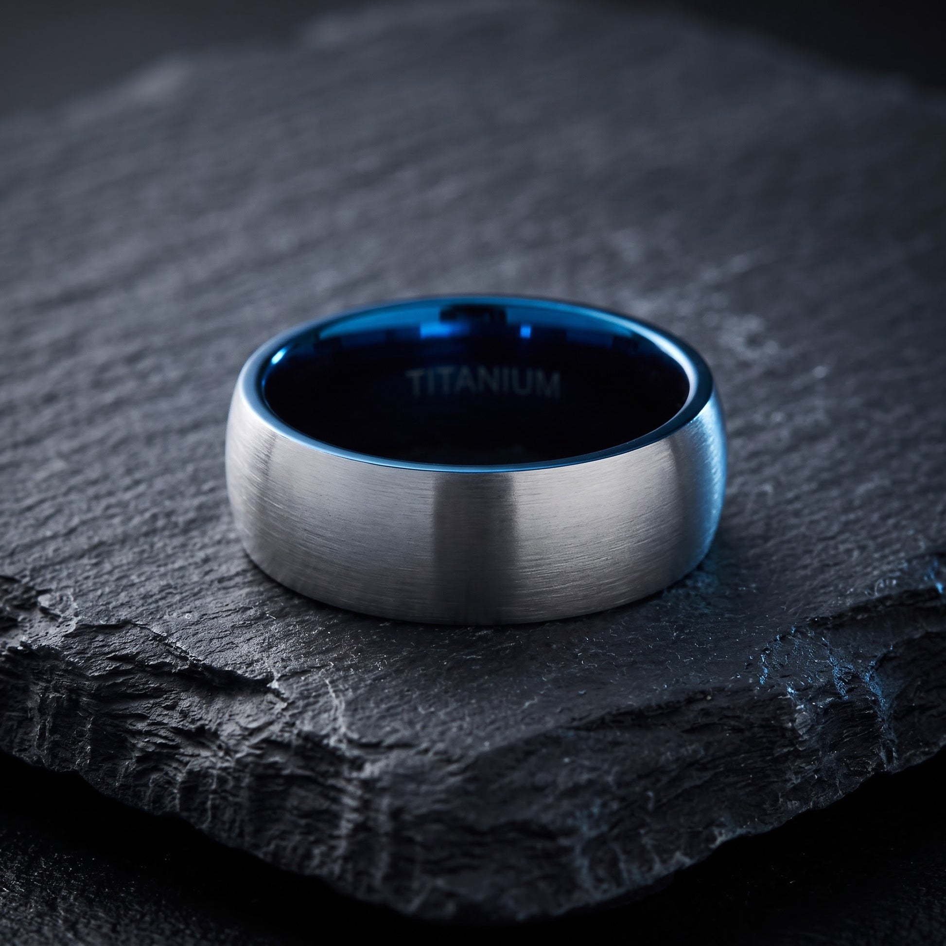 Titanium Men's 8mm Silver and Blue Brushed Wedding Band Ring, Comfort Fit, Gift for Him view 1