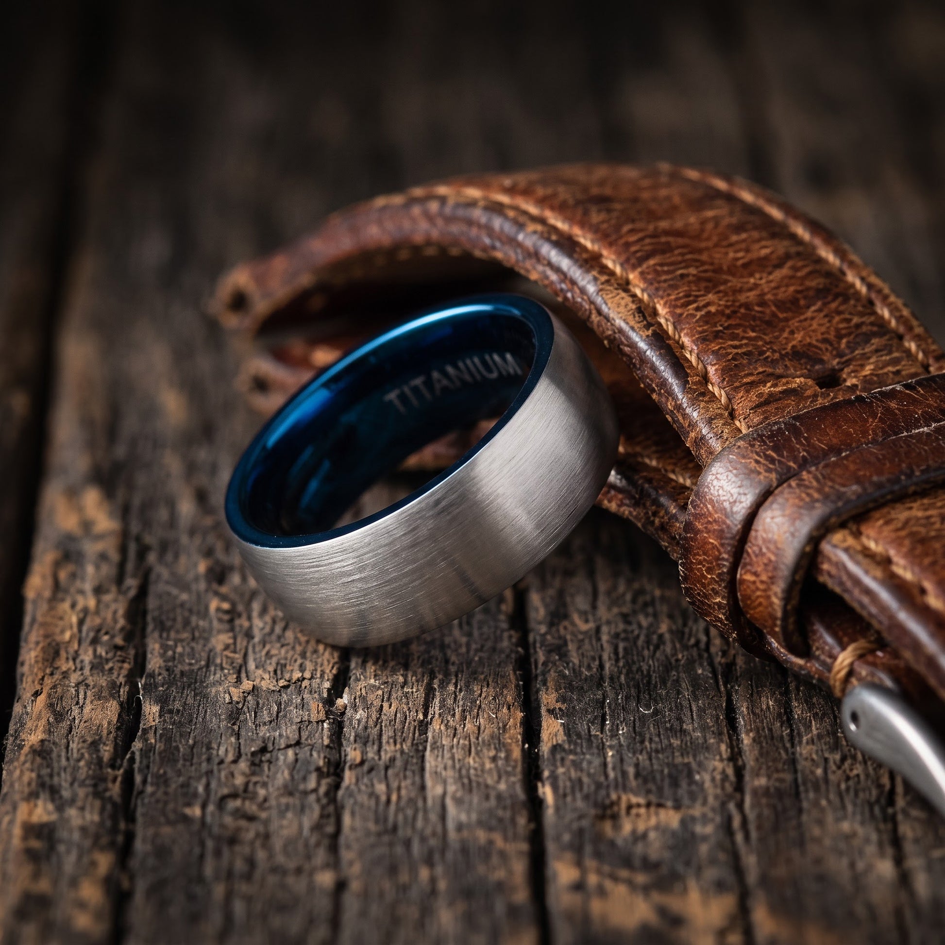 Titanium Men's 8mm Silver and Blue Brushed Wedding Band Ring, Comfort Fit, Gift for Him view 2