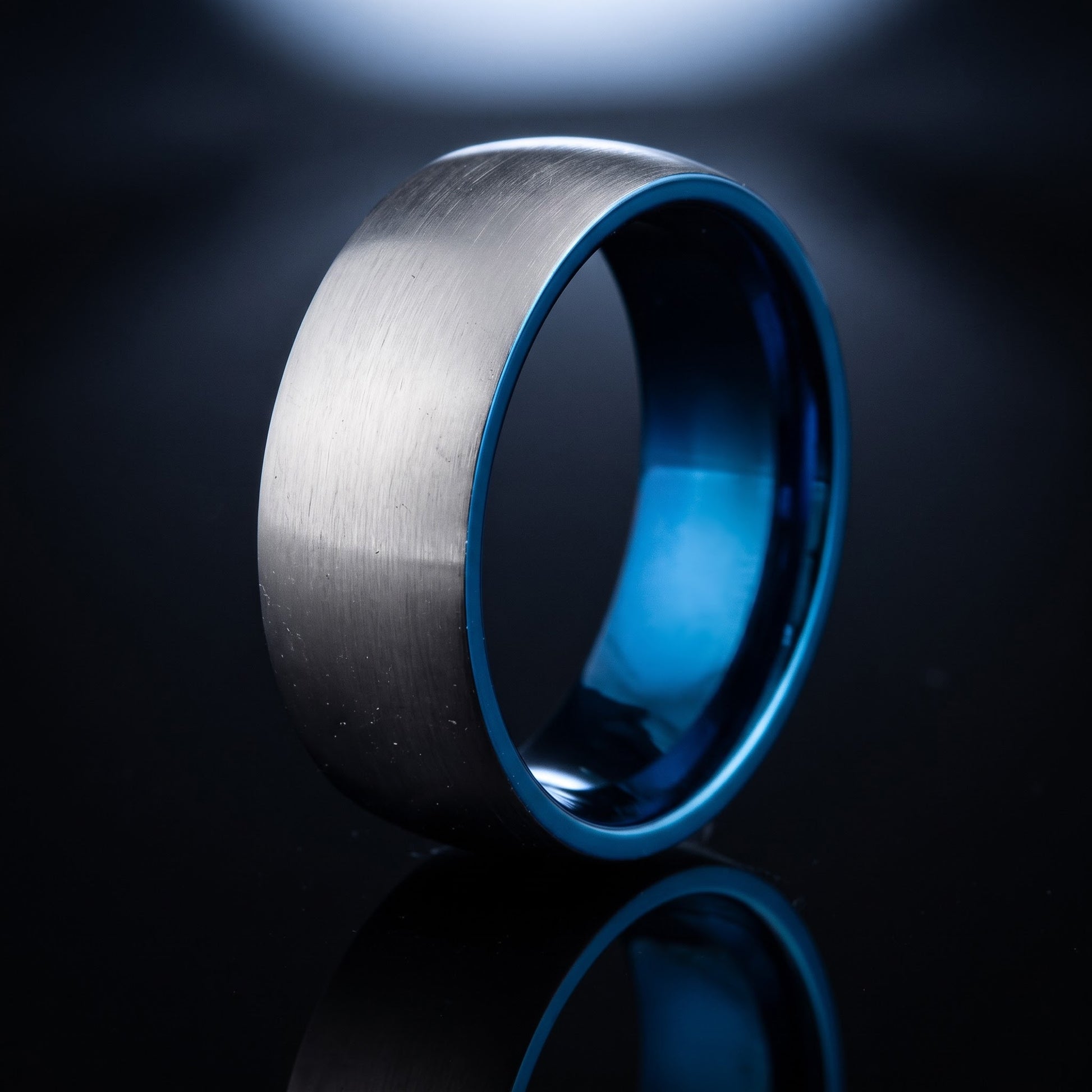 Titanium Men's 8mm Silver and Blue Brushed Wedding Band Ring, Comfort Fit, Gift for Him view 3