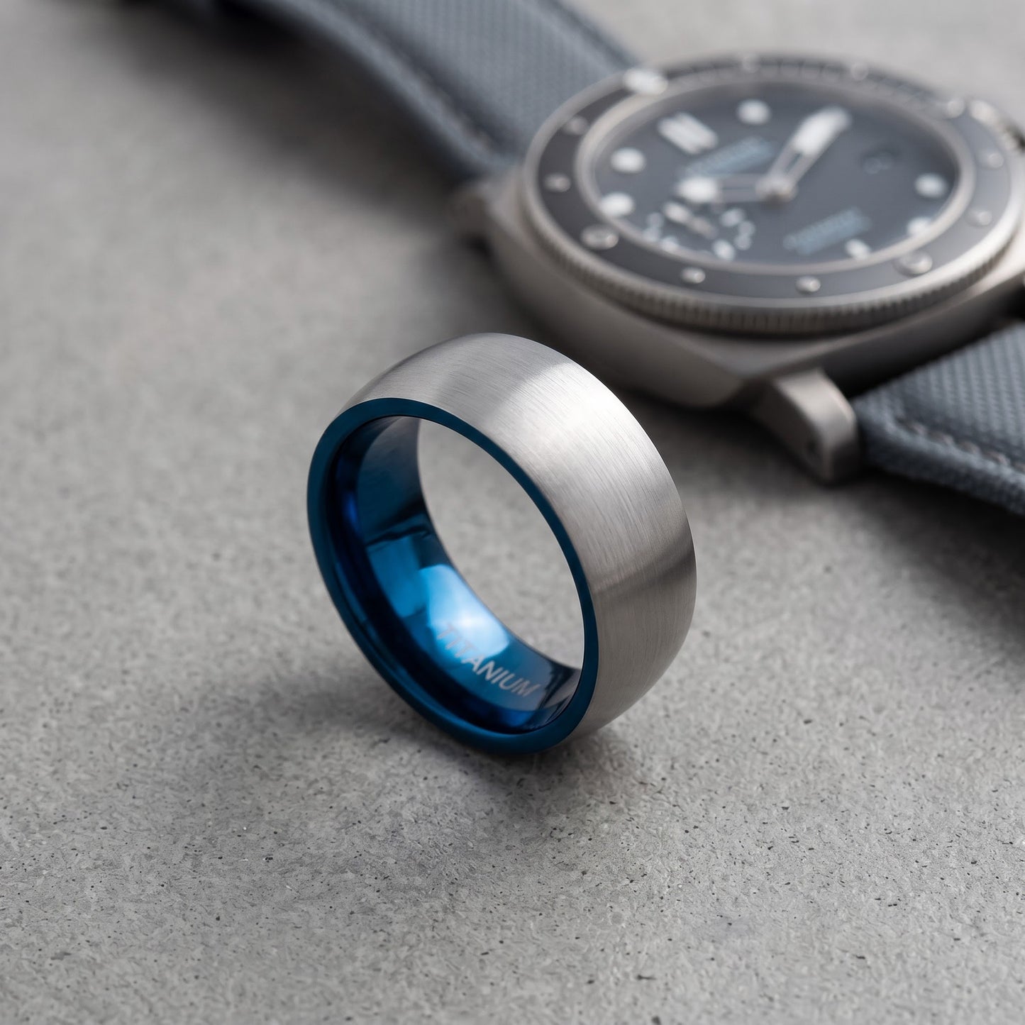 Titanium Men's 8mm Silver and Blue Brushed Wedding Band Ring, Comfort Fit, Gift for Him view 4