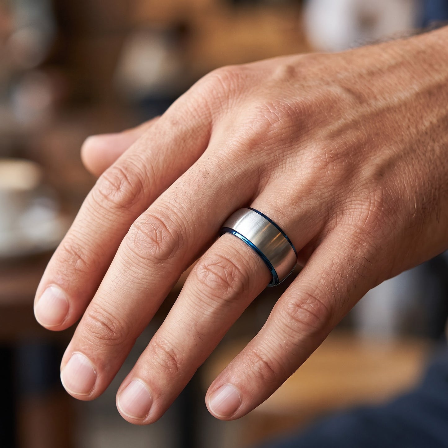 Titanium Men's 8mm Silver and Blue Brushed Wedding Band Ring, Comfort Fit, Gift for Him view 5