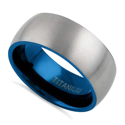 Titanium Men's 8mm Silver and Blue Brushed Wedding Band Ring, Comfort Fit, Gift for Him