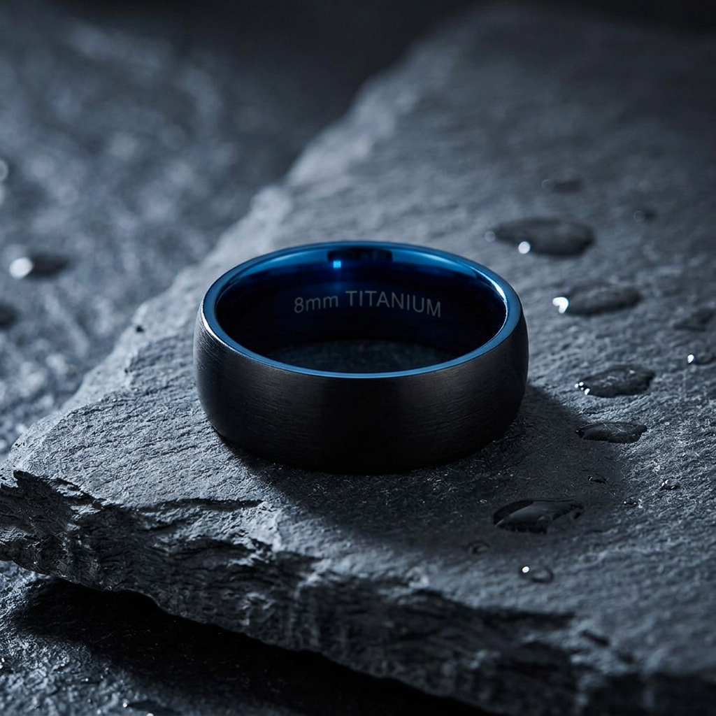 Titanium 8mm Black and Blue Matte Comfort Fit Wedding Band for Men life1