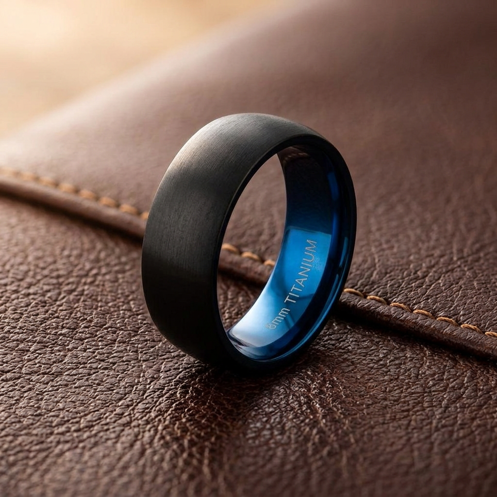 Titanium 8mm Black and Blue Matte Comfort Fit Wedding Band for Men life2