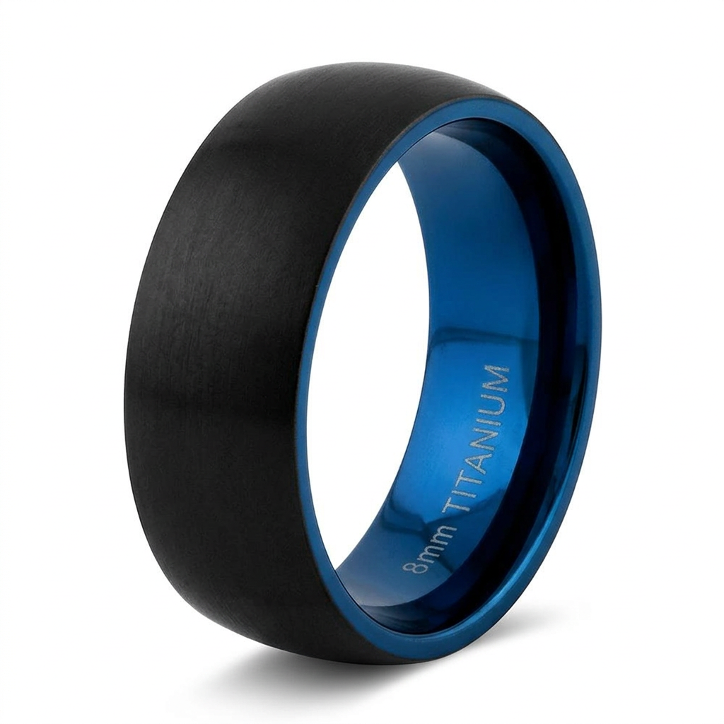 Titanium 8mm Black and Blue Matte Comfort Fit Wedding Band for Men
