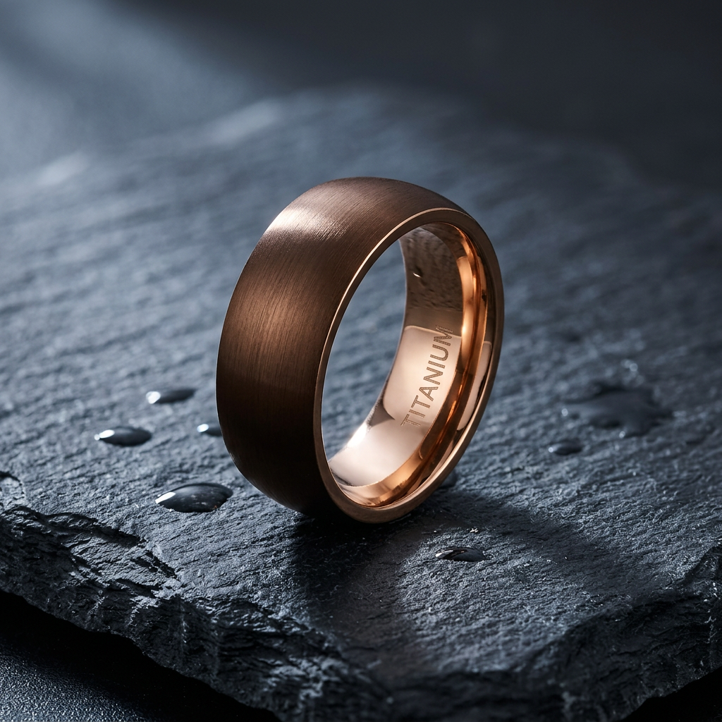 Titanium 8mm Coffee Brown and Rose Gold Comfort Fit Wedding Band for Men life1