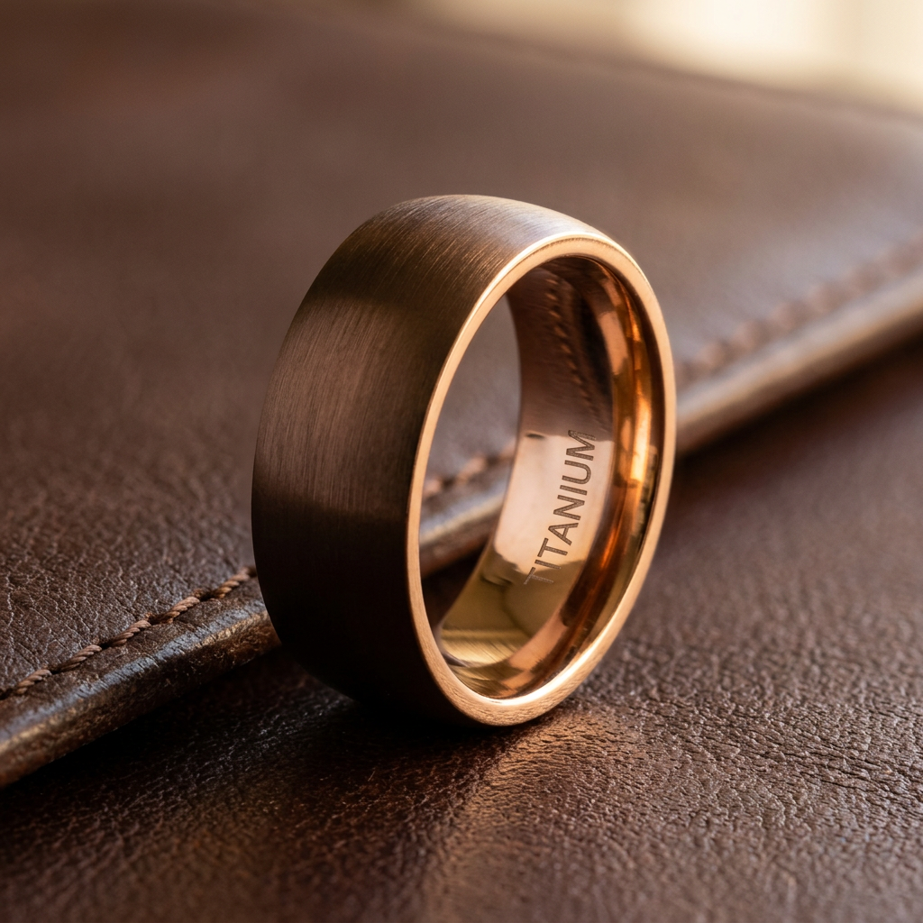 Titanium 8mm Coffee Brown and Rose Gold Comfort Fit Wedding Band for Men life2