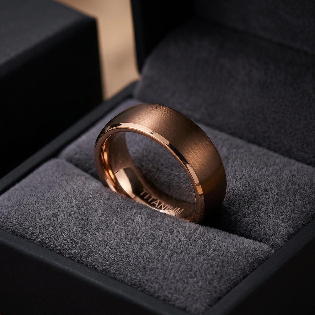 Titanium 8mm Coffee Brown and Rose Gold Comfort Fit Wedding Band for Men life3