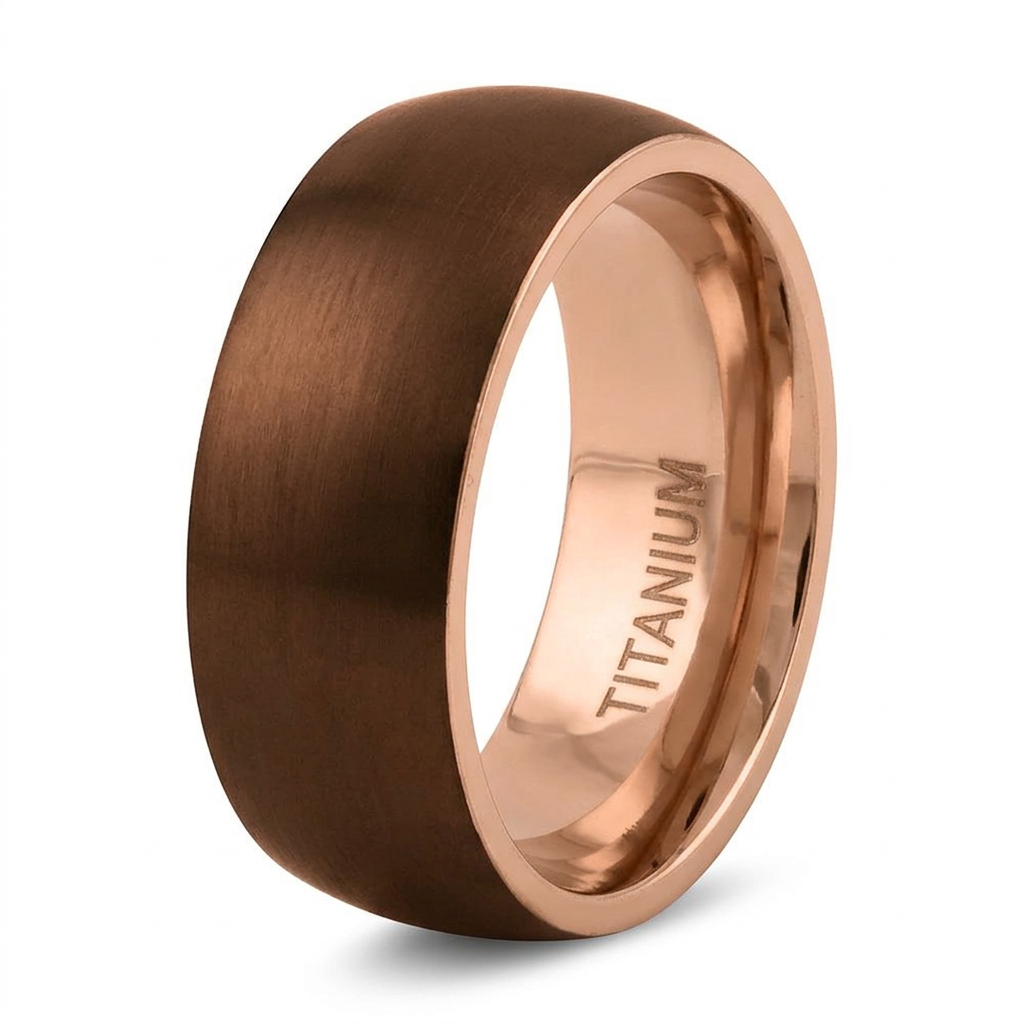Titanium 8mm Coffee Brown and Rose Gold Comfort Fit Wedding Band for Men