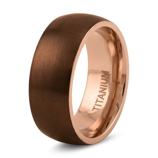 Titanium 8mm Coffee Brown and Rose Gold Comfort Fit Wedding Band for Men