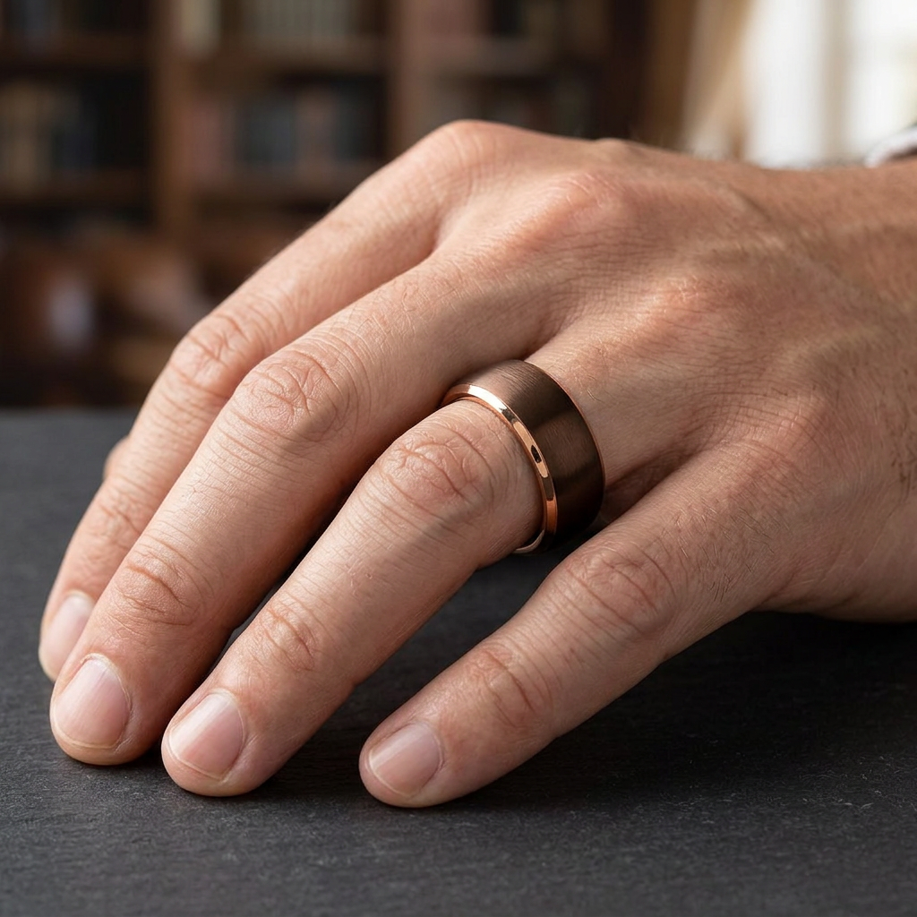 Titanium 8mm Coffee Brown and Rose Gold Comfort Fit Wedding Band for Men model