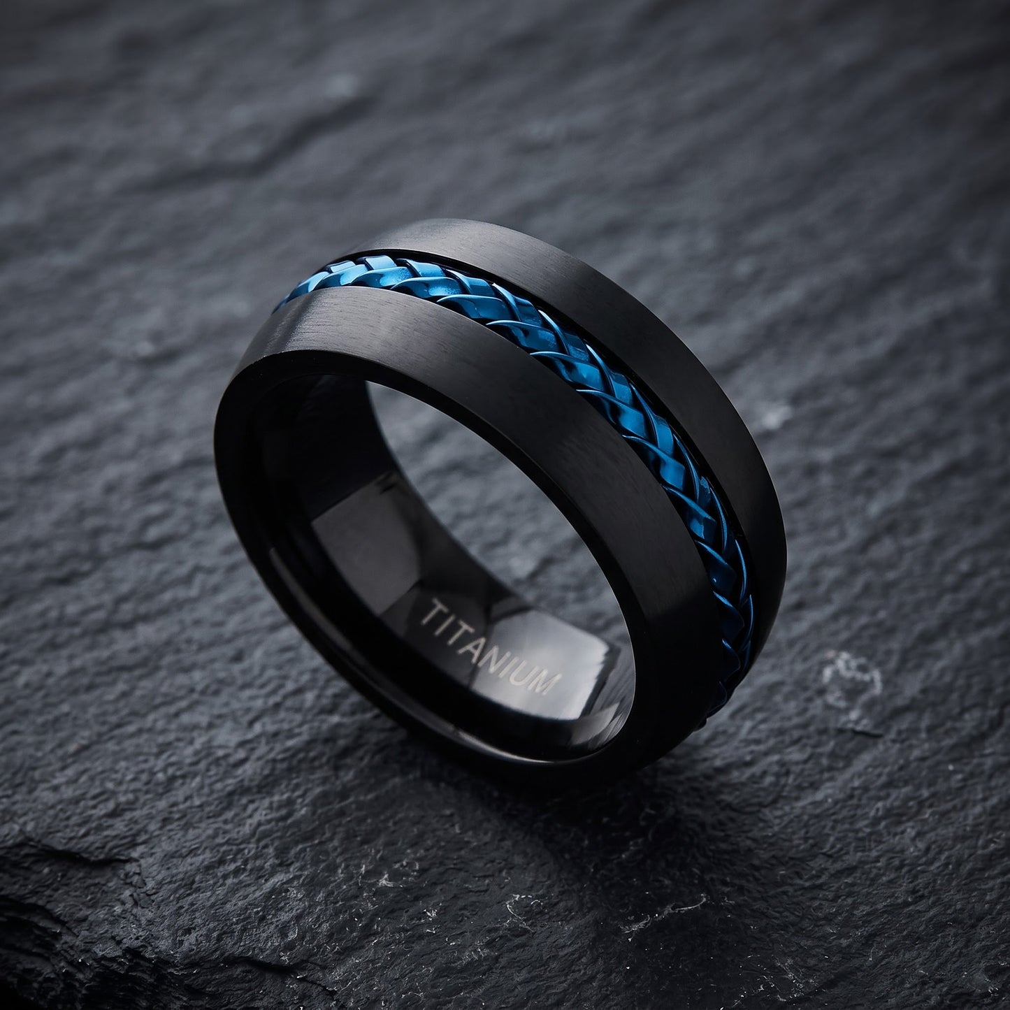 Titanium Men's Black with Blue Steel Cable Wedding Band Ring, Comfort Fit, Gift for Him view 1