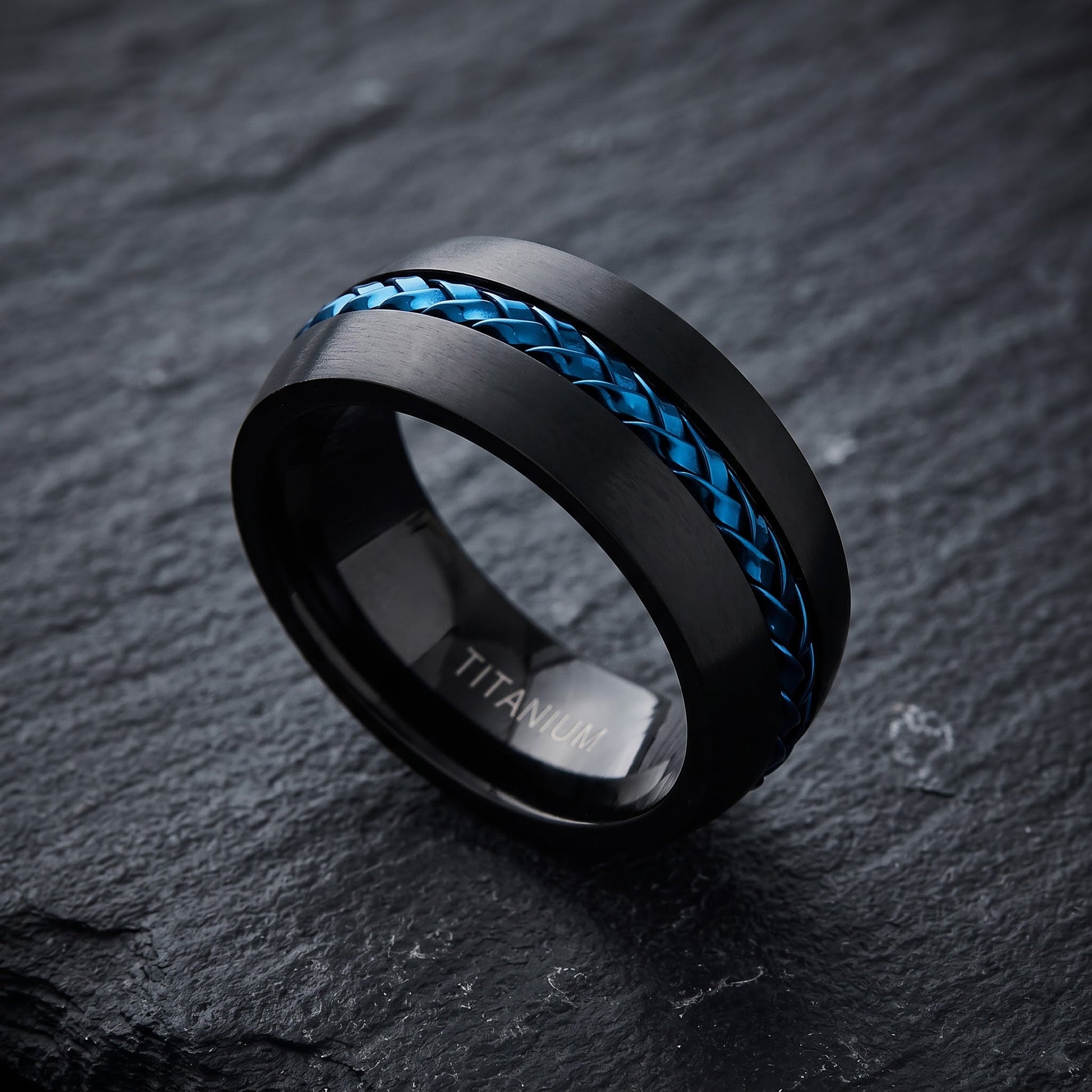 Titanium Men's Black with Blue Steel Cable Wedding Band Ring, Comfort Fit, Gift for Him view 1