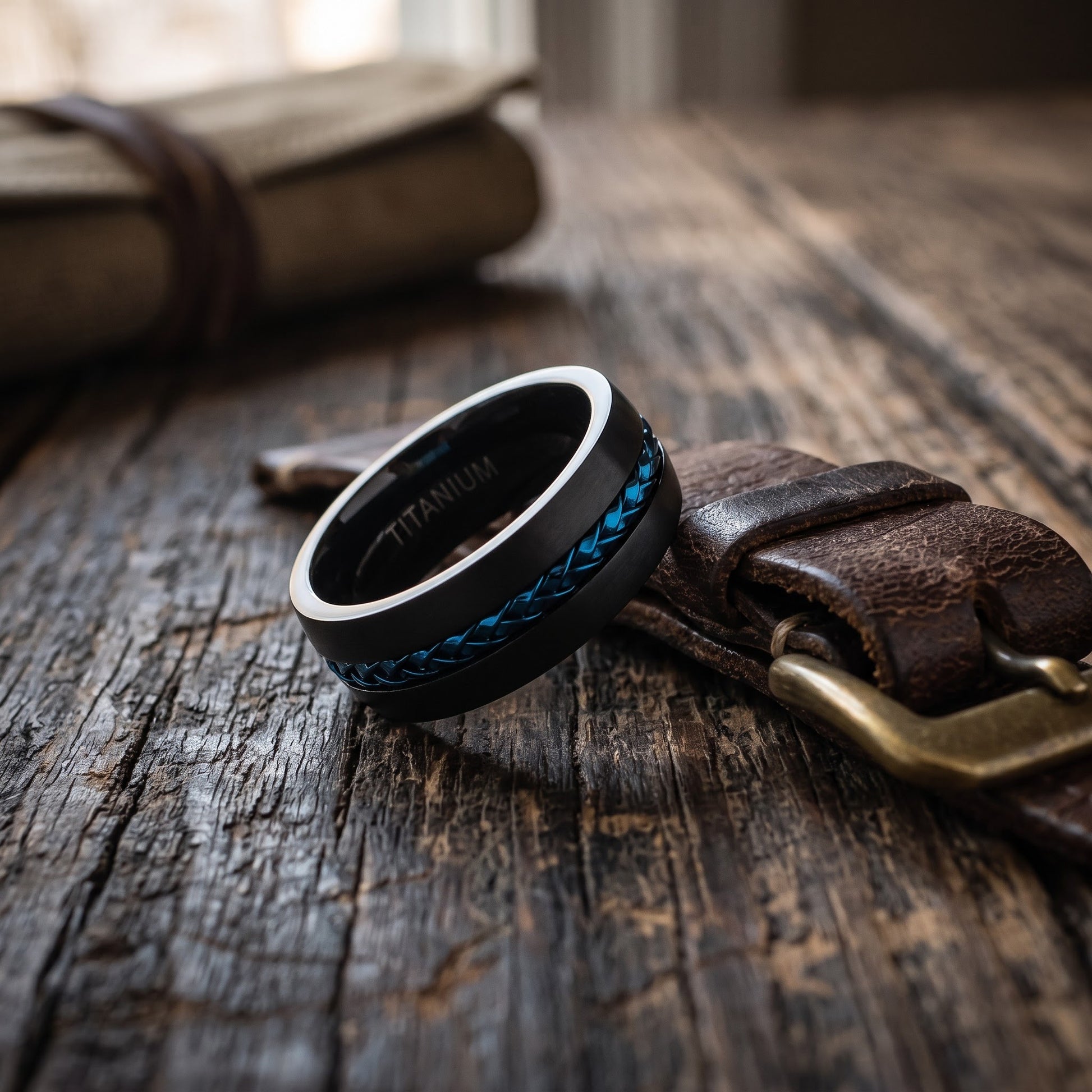 Titanium Men's Black with Blue Steel Cable Wedding Band Ring, Comfort Fit, Gift for Him view 2