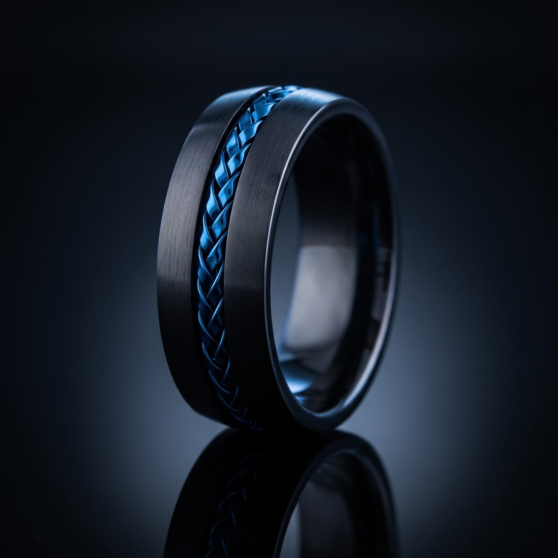 Titanium Men's Black with Blue Steel Cable Wedding Band Ring, Comfort Fit, Gift for Him view 3