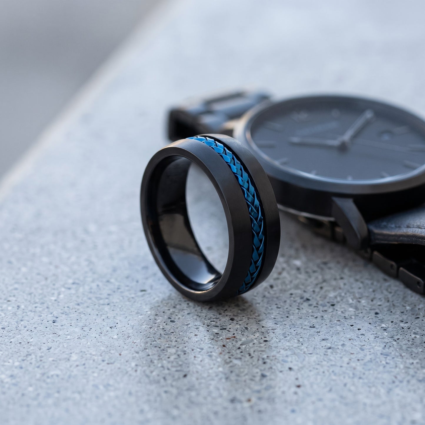 Titanium Men's Black with Blue Steel Cable Wedding Band Ring, Comfort Fit, Gift for Him view 4