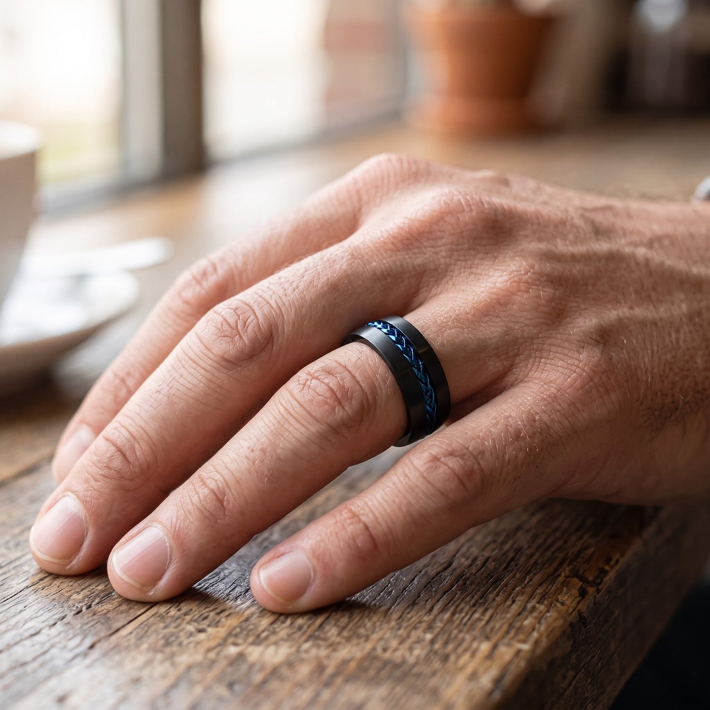 Titanium Men's Black with Blue Steel Cable Wedding Band Ring, Comfort Fit, Gift for Him view 5