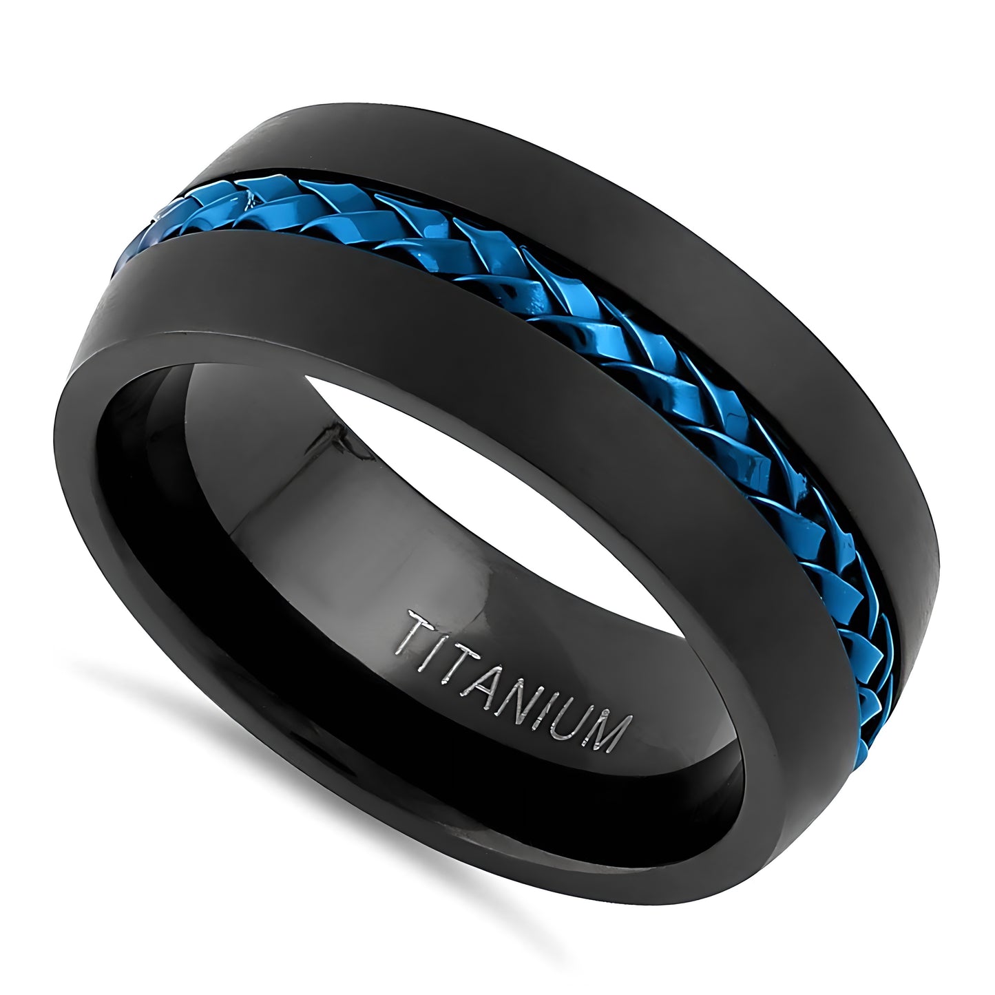 Titanium Men's Black with Blue Steel Cable Wedding Band Ring, Comfort Fit, Gift for Him