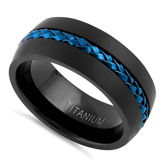 Titanium Men's Black with Blue Steel Cable Wedding Band Ring, Comfort Fit, Gift for Him