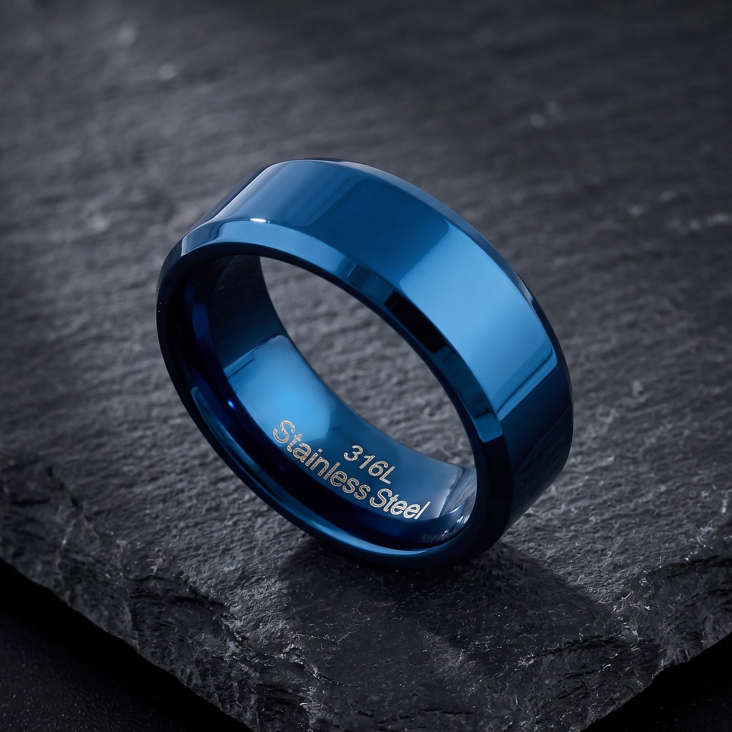 Stainless Steel Men's 7mm Blue High Polish Wedding Band Ring, Comfort Fit, Gift for Him view 1
