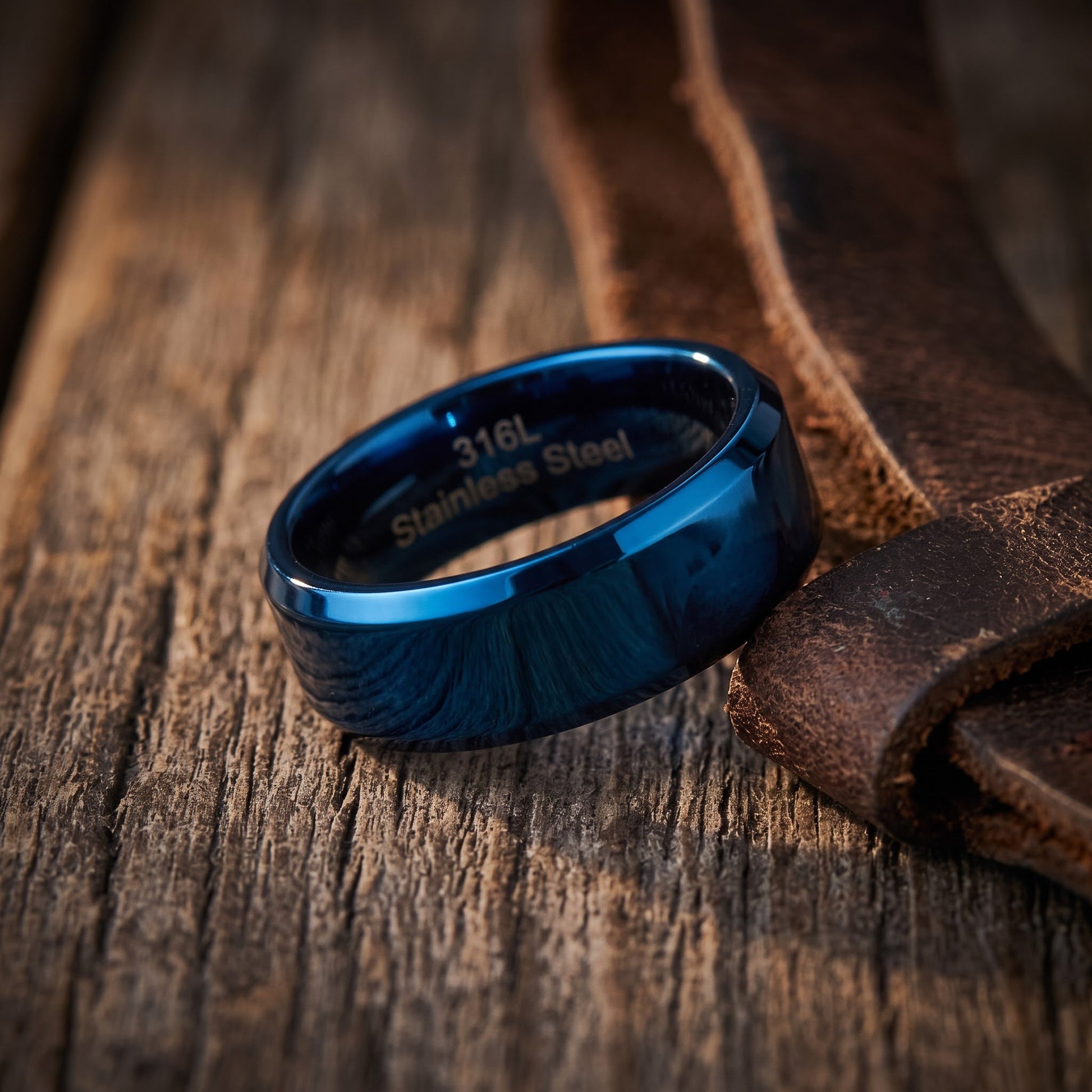 Stainless Steel Men's 7mm Blue High Polish Wedding Band Ring, Comfort Fit, Gift for Him view 2