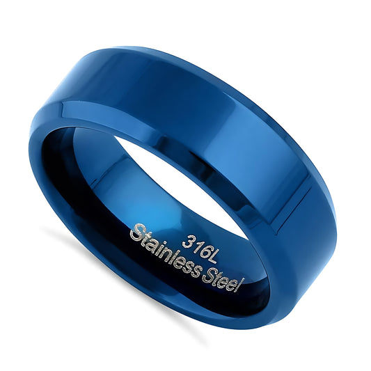Stainless Steel Men's 7mm Blue High Polish Wedding Band Ring, Comfort Fit, Gift for Him