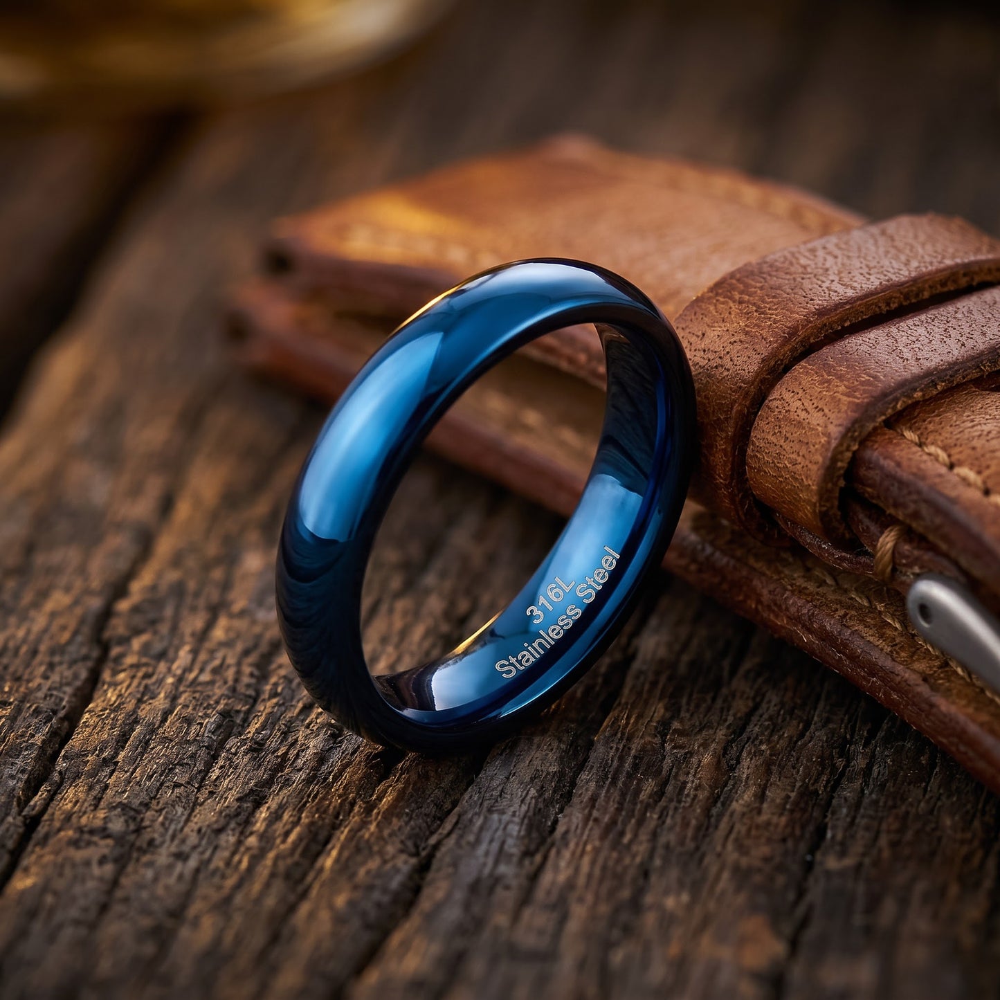 Stainless Steel Men's 4mm Blue High Polish Wedding Band Ring, Comfort Fit, Gift for Him view 2