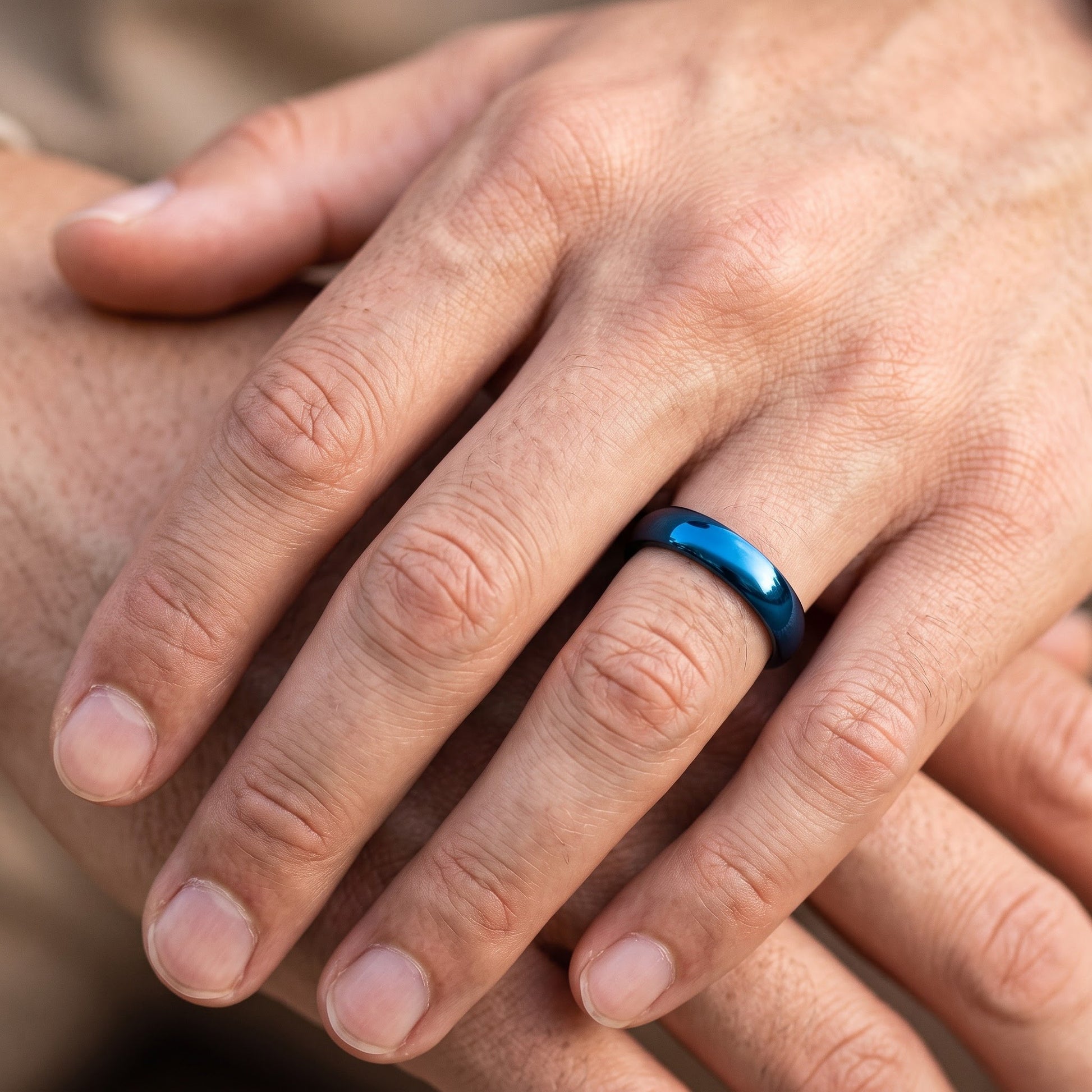 Stainless Steel Men's 4mm Blue High Polish Wedding Band Ring, Comfort Fit, Gift for Him view 5