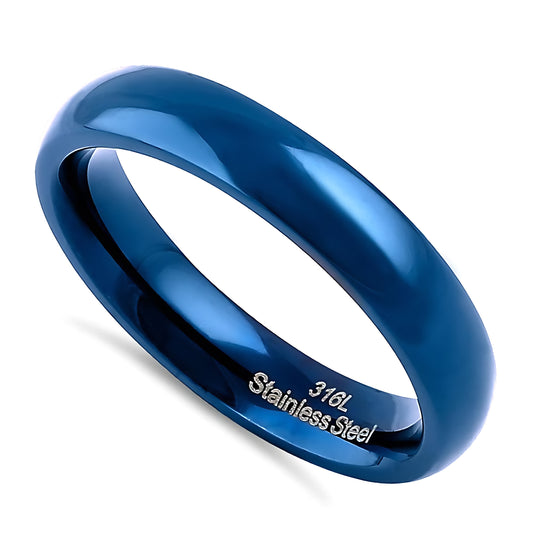 Stainless Steel Men's 4mm Blue High Polish Wedding Band Ring, Comfort Fit, Gift for Him